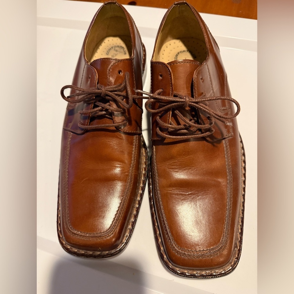 Stacy Adams Oxford Men 10 Cognac Brown Leather Square Toe Dress Shoes 23083 03